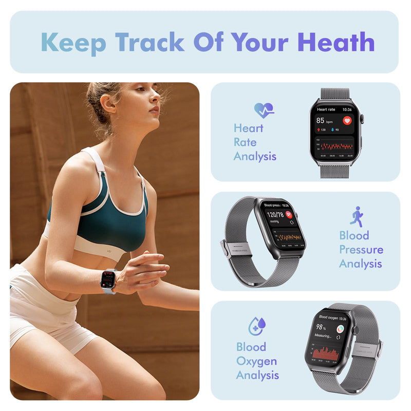 YMS Android Smart Watch for Women - Bluetooth Call,Compatible with Android & iOS，2.0" HD, Heart Rate/Sleep/Step Tracker, 100+ Sports Modes,IP68 Waterproof Men Fitness Tracker (Silver(Milanese)) Silver