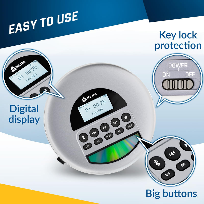 KLIM Nomad - New Version - Portable CD Player Walkman with Long-Lasting Battery - with Headphones - Radio FM - Compatible MP3 CD Player Portable - TF Card Radio FM Bluetooth - Ideal for Cars - Grey