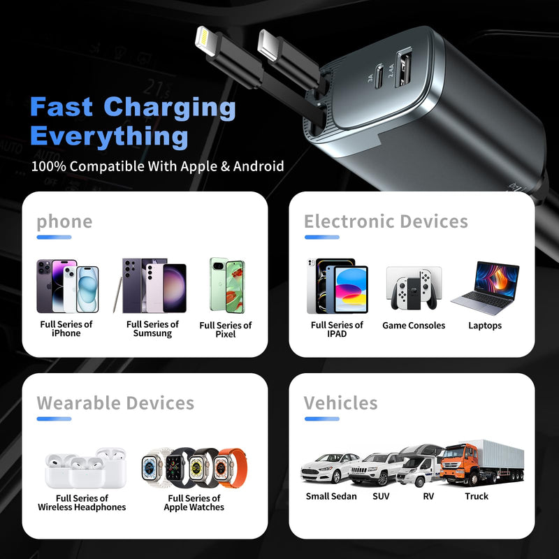 2 Pack 84W Retractable Car Charger, 4-in-1 USB C Fast Charging Adapter | Cigarette Lighter USB Charger Adapter, Fast charge for iPhone 17-11 & Samsung, Ideal Car Accessories & Gifts for Men Women 2 Pack
