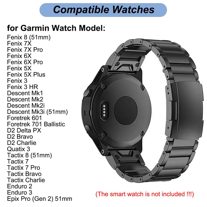 Titanium Band for Garmin Fenix 8 (51mm)/Fenix 7X/6X/5X/Fenix 3 HR, Descent Mk2i Mk2, Tactix 7, Enduro 2 3, Epix Pro Gen 2 (51mm) - 26mm Quick Fit Watch Band Metal Strap for Garmin Watch Black