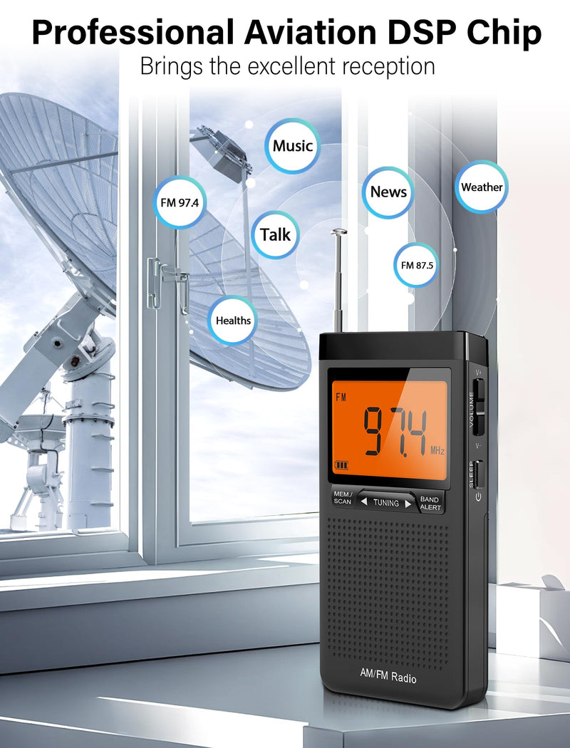 [AUSTRALIA] - AM FM Portable Radio Personal Radio with Excellent Reception Battery Operated by 2 AAA Batteries with Stero Earphone, Large LCD Screen, Digtail Alarm Clock Black 