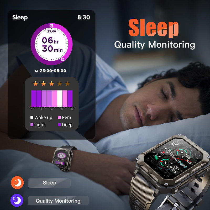 meoonley Military Rugged Smartwatch for Men,Sport Watch with Answer/Make Call IP68 1.83 inch Fitness Tracker Pedometer SpO2 for Outdoor Enthusiasts Black