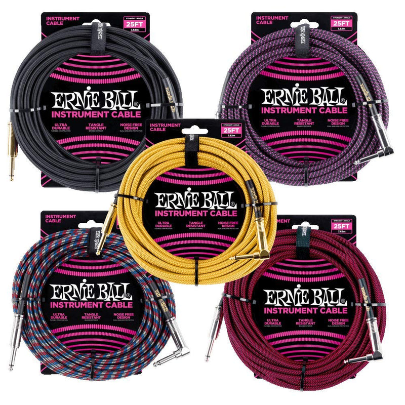 [AUSTRALIA] - Ernie Ball Braided Instrument Cable, Straight/Angle, 25ft, Black (P06058) 
