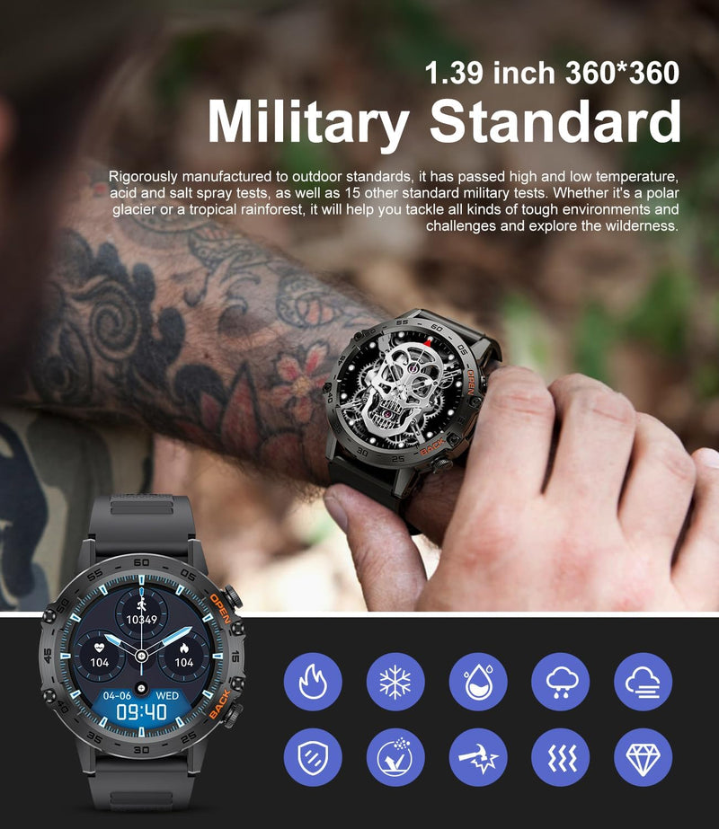 SUNKTA Smart Watches for Men(Answer/Calls),1.39 inch Touchscreen/5ATM Waterproof/120+ Sports Modes Fitness Watch with Heart Rate for Android/iOS Silicon Black