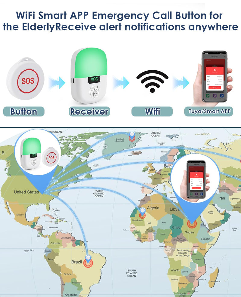 Caregiver Pager Wireless Call Button Smart WiFi Nurse Emergency Alert System 330 Feet Life Alert Button for Elderly/Patient/Disabled/Home(2.4GHz Wi-Fi Only) 1 receiver + 2 SOS button