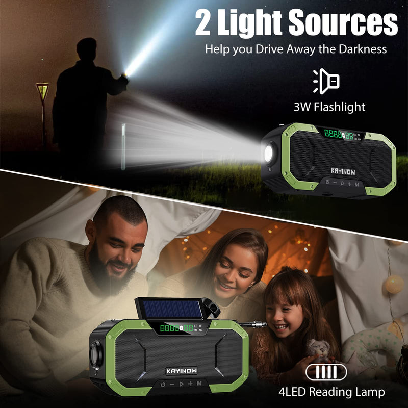 [AUSTRALIA] - Hand Crank Solar Power Emergency Radio with Waterproof Bluetooth Speaker,Portable AM FM NOAA Weather Radio,5000mAh/18500mWh Rechargeable, Phone Charger,Flashlight,SOS,Survival Storm Camping Green 