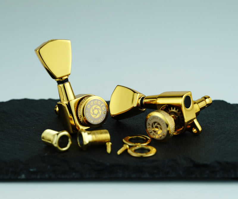 Guitar Locking Tuners (3R + 3L) - 1:18 Gear Ratio Lock String Tuning Key Pegs Machine Heads with Tulip Shaped Knob Replacement Guitar Accessories (E-104SP, Gold)