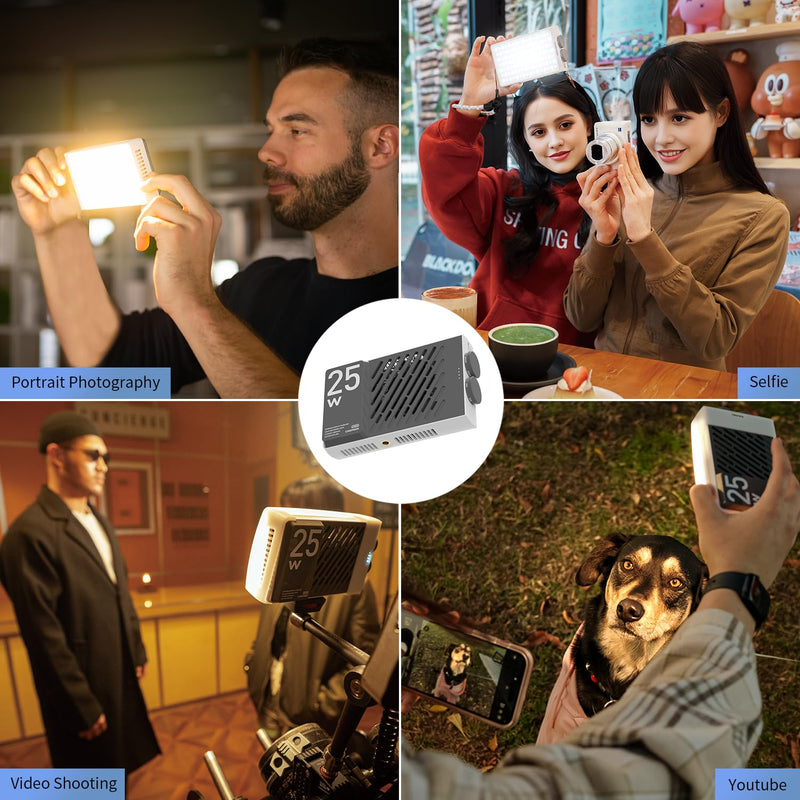 ZHIYUN CINEPEER CM25 25W LED Video Light, Pocket-Sized Mini Portable Photography Light on Camera, Dimmable 2700K-6200K•CRI≥96•TLCI≥97,Built-in 2*2000mAh Rechargeable Batteries, PD Charging/Vlog/Photo Black