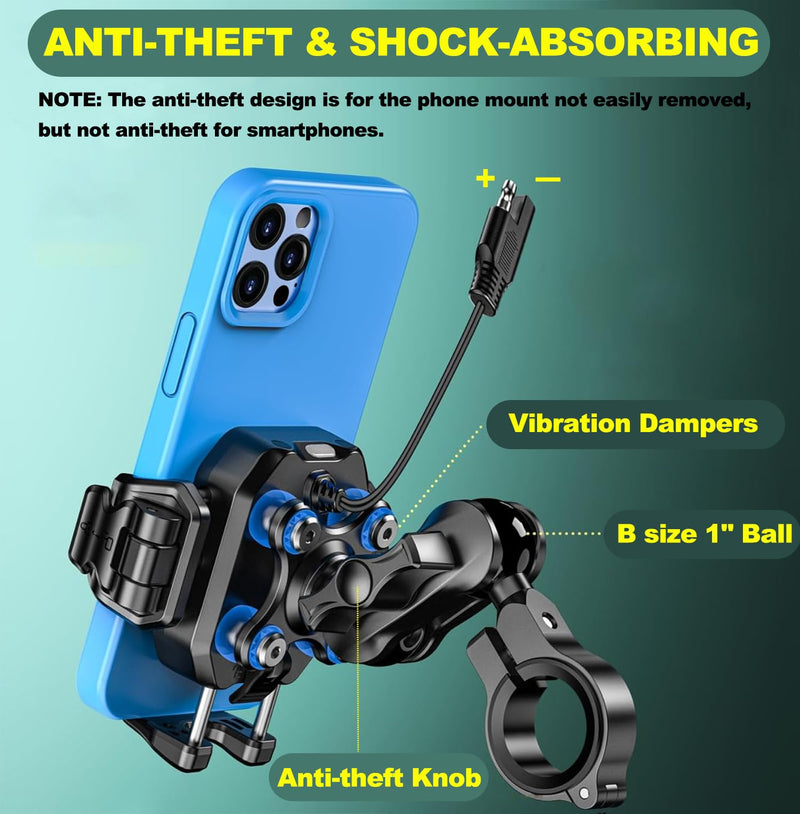 iMESTOU Motorcycle Wireless USB C Phone Mount Anti-Vibration, Anti-Theft 1" Ball Qi Phone Mount Suitable for 5.2"-7.2" Up to 15mm Thick Phones, Fits for 22-32mm Handlebars, Works with 12-24V Vehicles