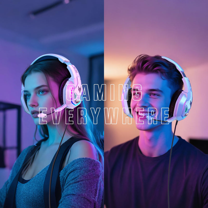 [AUSTRALIA] - YPBDAN Gaming Headset for PS5, PS4, Xbox Series X|S, Xbox One, PC, Switch, Mac - RGB Over-Ear Headphones with 7.1 Surround Sound, Noise Cancelling Mic, 50mm Drivers & Memory Earmuffs for Nintendo 64 White 