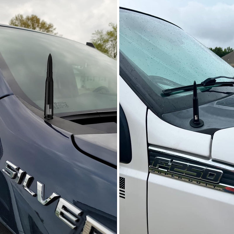 Car Truck Bullet Antenna with Tire Valve Caps American Flag Universal Short Replacement for GMC Sierra Chevy Silverado Dodge Ram 1500 2500 3500 Ford F150 F250 F350 Super Duty Accessories, Matte Black 5.5 inch