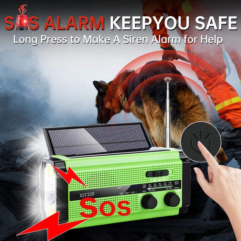 5000mAh/18500mWh Emergency Hand Crank Radio with 2 Solar Panels,Portable AM FM NOAA Weather Radio,Rechargeable Battery Powered Radio,USB Charger,SOS,Flashlight,Reading Lamp for Home Outdoor Green