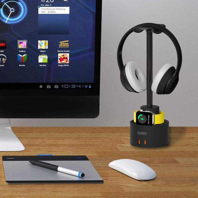 Headphone Stand with 5 USB Charger COZOO Desktop Gaming Headset Holder Hanger with 5 USB Charging Station,Watch Stand and Watch Wireless Charging,Accessories for Gaming,DJ,Wireless Earphone Display