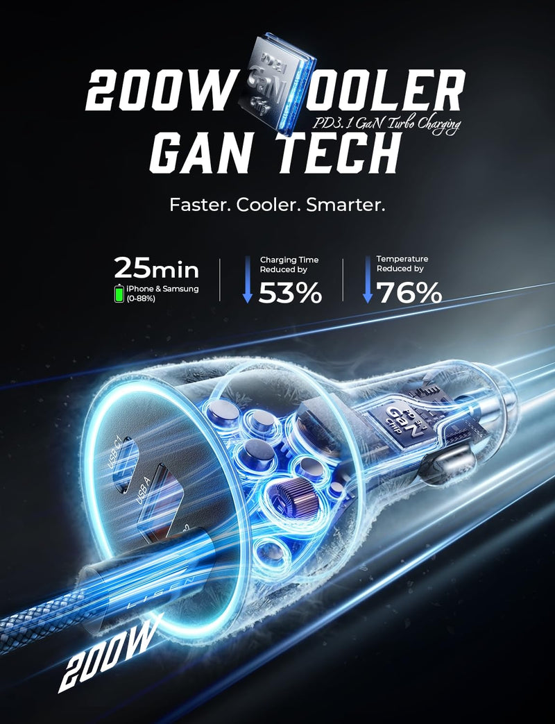 LISEN 200W Car Charger USB C Fast Charge [GaN] PD 140W Fast Car Charger | USB C, Cigarette Lighter Adapter for Multi Device, for iPhone 17 16 15 14 13 12, MacBook Pro, Laptop, iPad, Samsung S26 S25