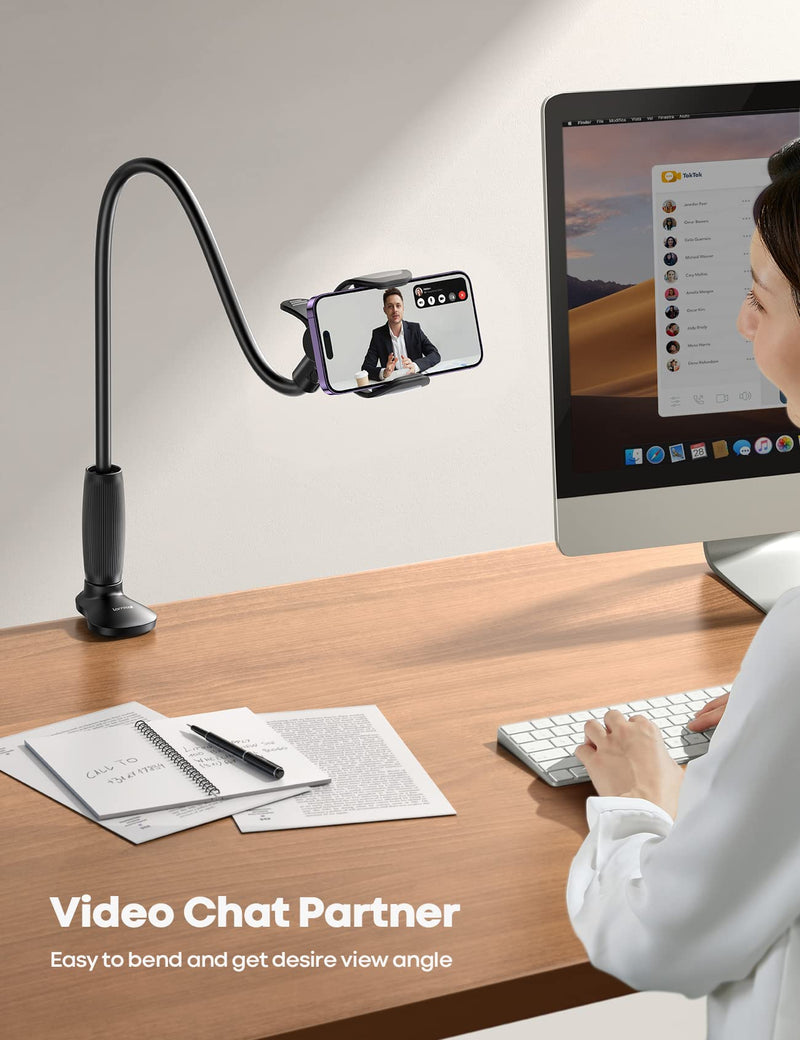 [AUSTRALIA] - Lamicall Gooseneck Phone Holder for Bed - [Upgraded Stable Clip] for Desk, Headboard, Bed, Bedside, Table, Flexible Gooseneck Long Arm Stand, Overhead Cell Phone Clamp Mount, for All 4-7” Devices Black 