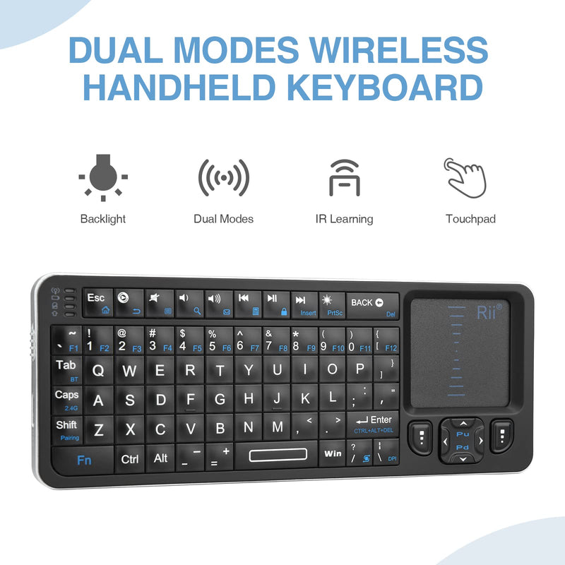 Rii K06 Mini Bluetooth Keyboard,Backlit 2.4GHz Wireless Keyboard with IR Learning, Portable Lightweight with Touchpad Compatible with Android TV Box/Mac/Windows/HTPC/IPTV (2.4G and Bluetooth)