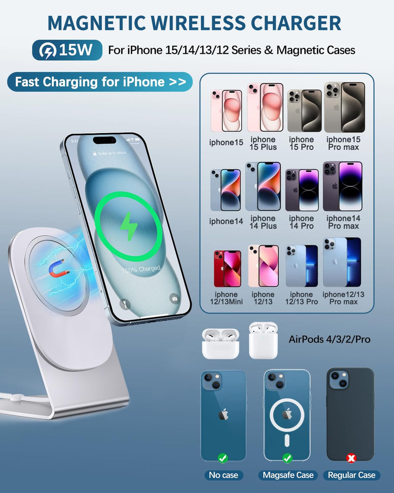 Magnetic Wireless Charger Mag-Safe Charger for iPhone 15/14/13/12 Series Convertible Magnet Wireless Charging Stand/Pad with 20W Adapter 5ft Cable for iPhone and AirPods 2/3/Pro 2/Pro White Mag-safe Charger