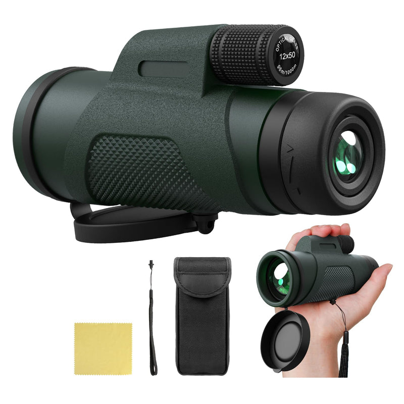 12x50 Monocular Telescope for Adults, High Powered Monoculars Compact Scope Portable Handheld Telescope with BAK-4 Prism FMC Lens for Bird Watching Hiking Camping Hunting Travel 12x50 Green