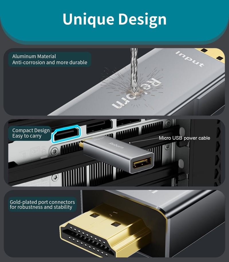 Reborn HDMI to DisplayPort Adapter | 4K@60Hz HDMI (Source) 2.0 Male to DP (Display) 1.2 Female Converter [1 Pack] HDMI to Display Port Adapter Compatible with Laptop,AMD,NVIDIA,PS5,Xbox and More