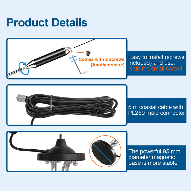 27MHz CB Radio Antenna Full Kit Heavy Duty Magnetic Mount PL259 & BNC Male Connector Car Truck Mobile Base Station Antenna, Compatible with President Midland Cobra Uniden Radio