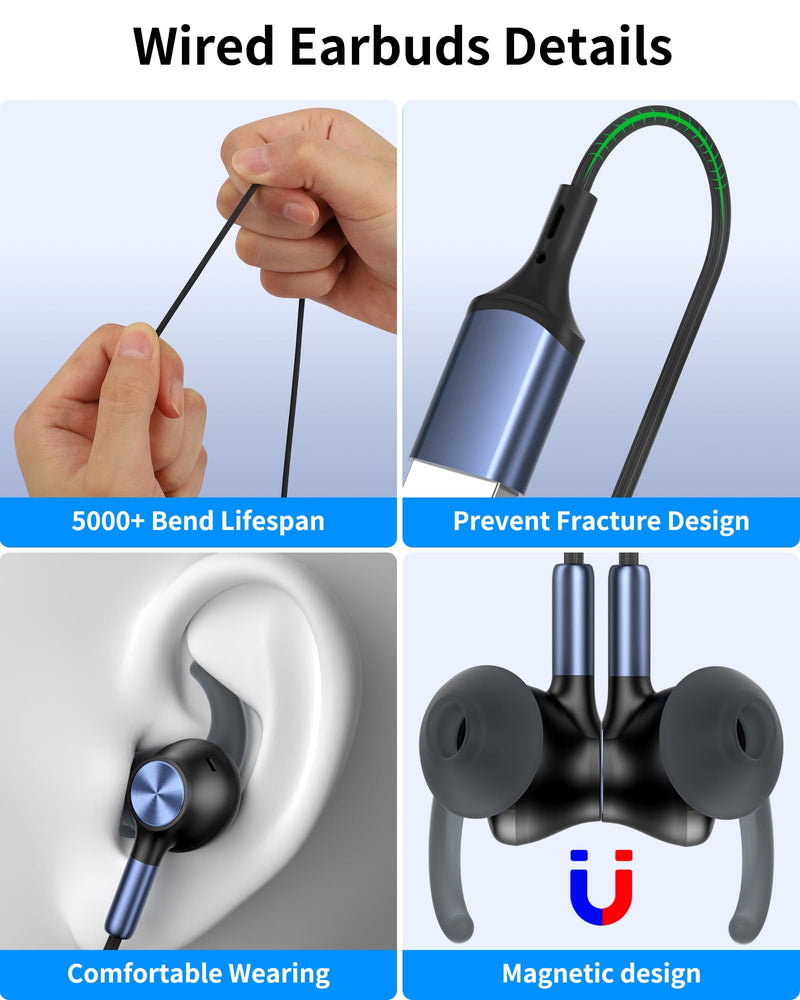 [AUSTRALIA] - USB Earbuds with Microphone for PC Laptop,Wired USB A Headphones with Mic& Earfins Hook for Computer Office Work,7.5ft Noise Canceling Stereo Computer Headset for Dell/HP/Chromebook Game School,Black Black Blue 