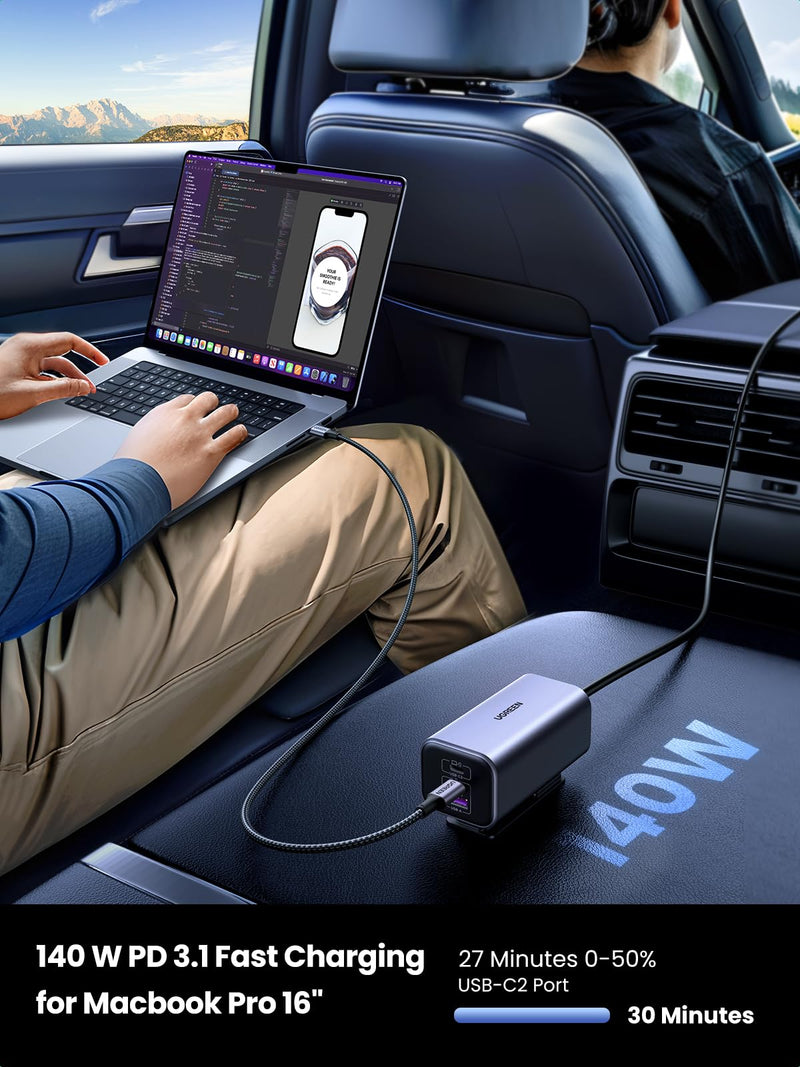 UGREEN 150W 4-Port Retractable Car Charger with Built-in Cable | 3 USB-C 1 USB-A, Compatible with iPhone 17 Air 17 Pro 17 Pro Max 16 15 14 13 12, Galaxy S25 S24 S23 Ultra, iPad, MacBook