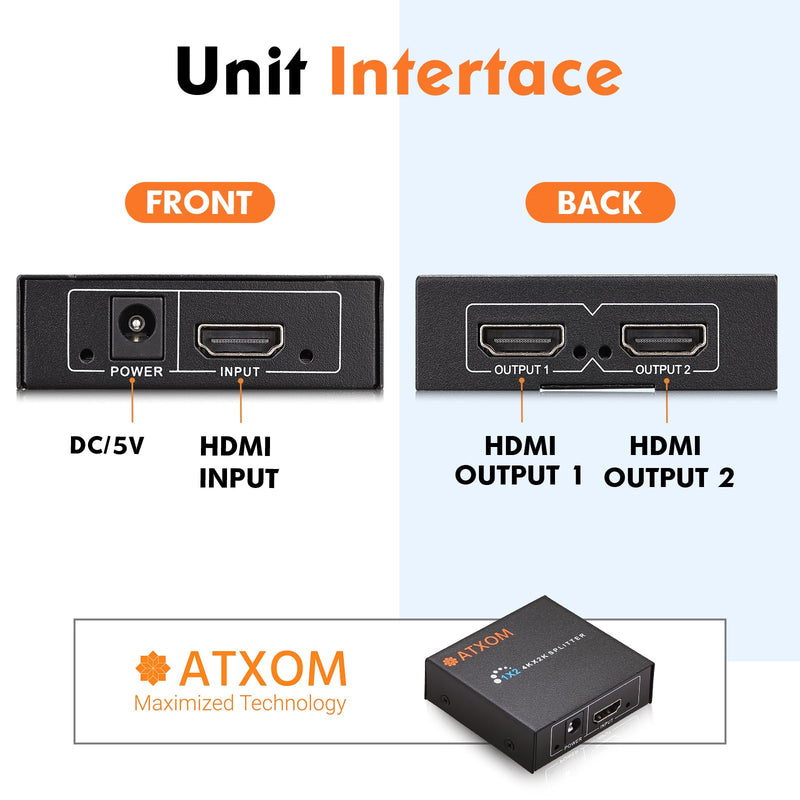 HDMI Splitter 1 in 2 Out - 1x2 HDMI Display Duplicate/Mirror - Powered Splitter 4K @ 60Hz, Also Full HD 1080P, One Source to Two Identical Displays