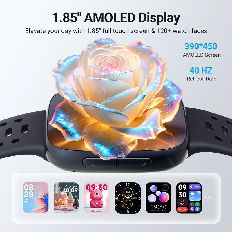 Smart Watches for Men (2 Bands), [1.85" AMOLED Screen] Fitness Tracker | Compatible with Android/iPhone, 3ATM Waterproof, Bluetooth Calls, AI Control, Heart Rate/SpO2/Sleep Monitor, 7 Days Battery Black