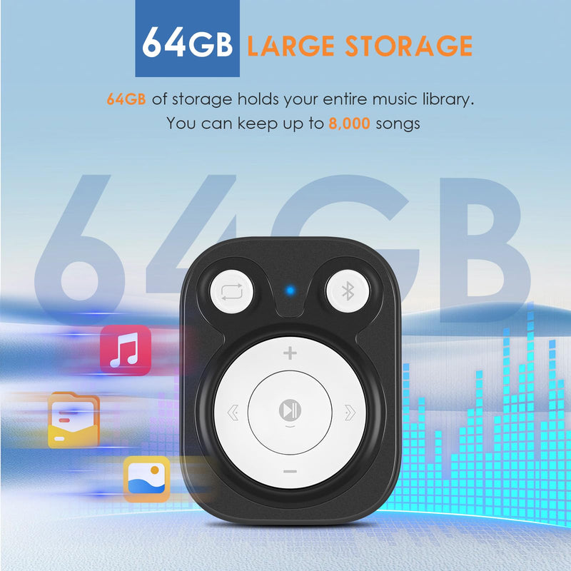 64GB Clip MP3 Player with Bluetooth 5.3: 15 Hrs Battery Mini Music Player, Earphones Included, 1000+ Songs Storage, No Phone Needed, Portable MP3 Players for Kids, Sports, Reading, Learning, Meetings 64GB Black