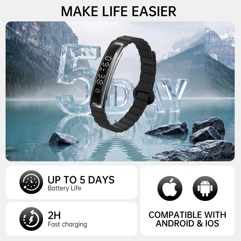 Smart Bracelet for Women Men Fitness Health Tracker with Heart Rate Sleep | 2 Bands 5ATM Waterproof Smartband with Multi-Sport Modes, Step Pedometer Black Steel + Black Magnetic