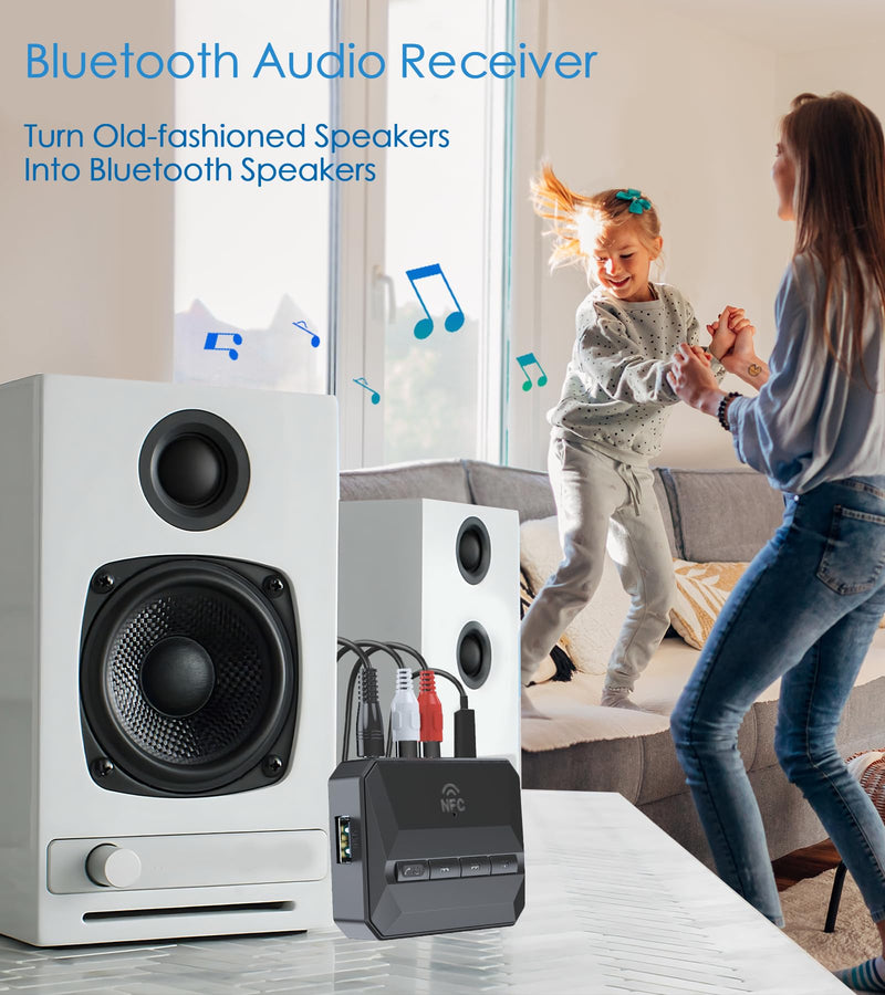 5.3 Bluetooth Receiver for Home Stereo, Bluetooth RCA Adapter for Stereo Receivers AUX Bluetooth Adapter, NFC-Enabled Bluetooth Audio Adapter, Support USB Drive/TF Card Play Music