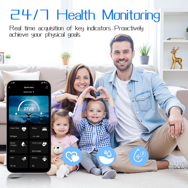 Smart Ring for Women & Men, Fitness & Health Tracker with Display Screen, IP68 Waterproof Smart Rings for Health Monitoring, Fitness Tracker Ring with Call Notification, No App Fees (Black, 12#)