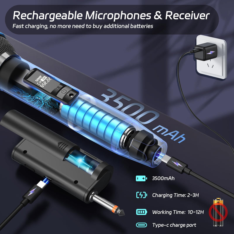 Wireless Microphones for Karaoke: Dual Professional Karaoke Microphone for Singing, Rechargeable Dynamic UHF Mic System with Receiver for Church, Party, Meeting, Speech, PA System, Plug and Play Gold & Gray