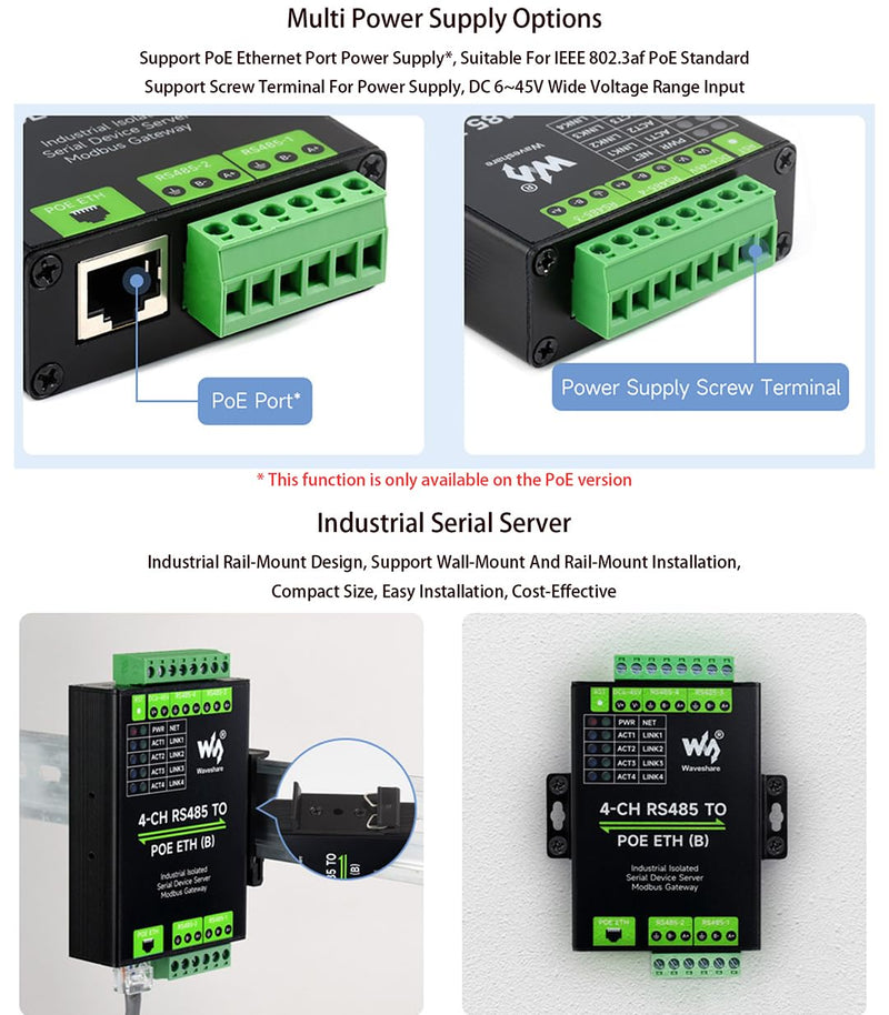 4-Ch RS485 to RJ45 Ethernet with POE Serial Server Adapter Industrial Isolated Serial Module, 4-CH Independent RS485, Support Modbus Gateway/MQTT/JSON, Bi-Directional Transparent Transmission