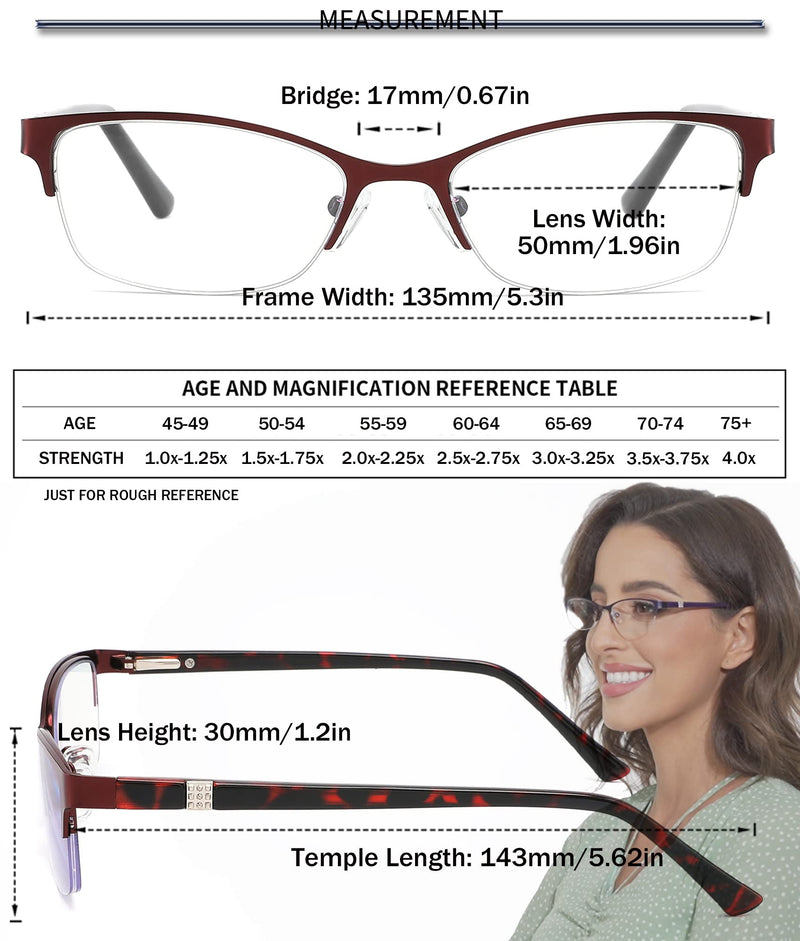 3 Pack Reading Glasses for Women Blue Light Blocking, Metal Oval Half Frame Womens Readers Glass with Spring Hinge, Anti Blue Ray Reduce Eye Strain Glare Headache(150 Magnification Strength) Black Red Purple 1.5x