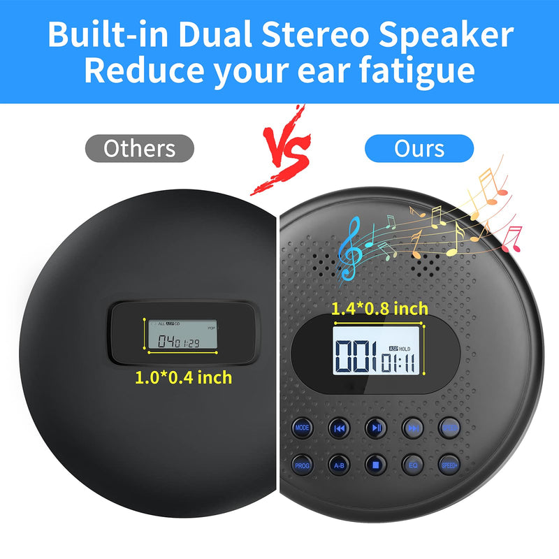 ARAFUNA Portable CD Player with Dual Stereo Speakers, Rechargeable CD Player for Car with Anti-Skip Protection, Headphones and AUX Cable Backlight Buttons Black