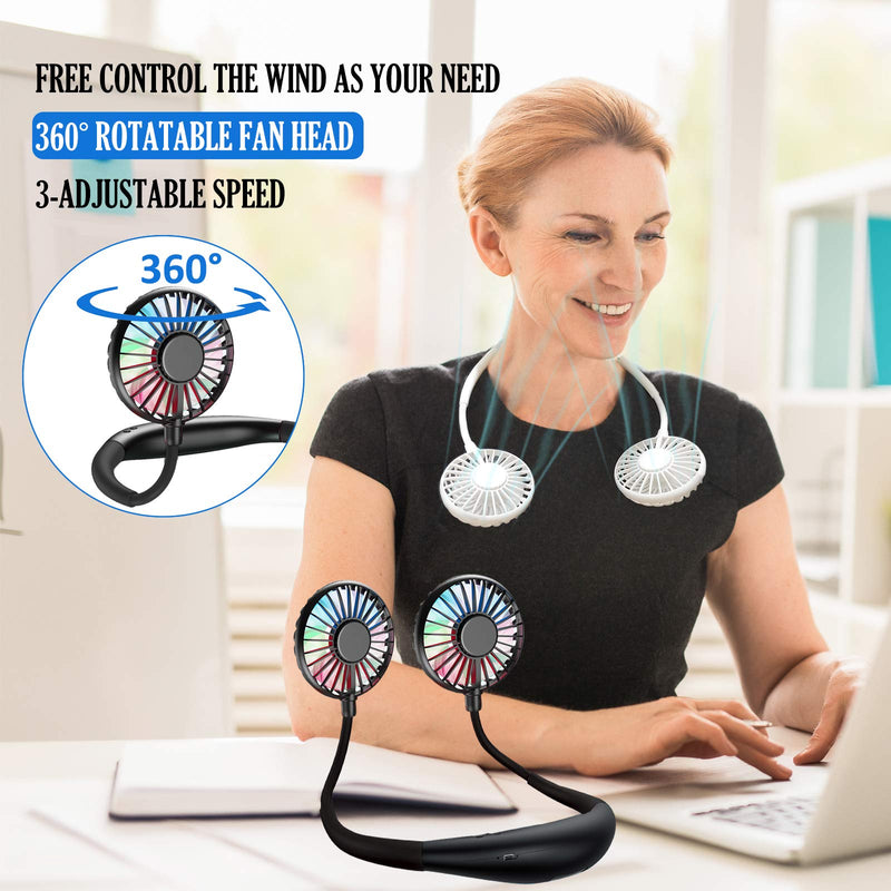 Neck Fan, Rechargeable Battery Operated Portable Fan 2600mAh, Hands Free Personal Fan Hang Around Neck Fans, Wearable Small Fan for Outdoor Working Battery Powered USB Fan Over 12 Hours Constant Cool Black