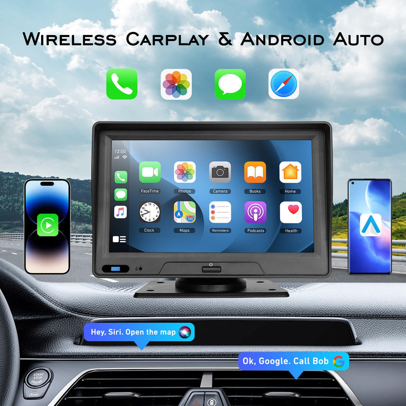 EVERSECU 7 Inch Touch Screen Car Stereo & Backup Camera, Apple CarPlay & Android Auto, Portable Car Radio with Bluetooth Hands-Free/Mirror Link/Maps Navigation/Voice Control/AUX, for Truck, SUV