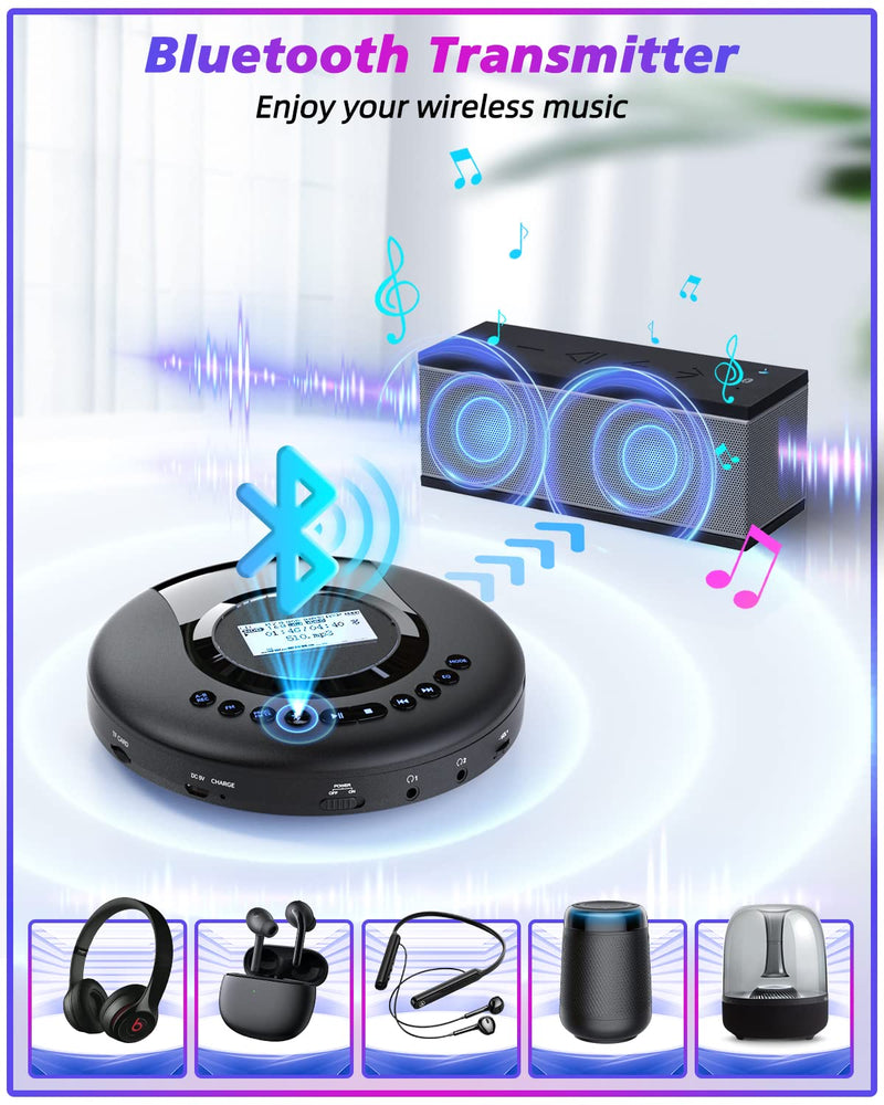 CD Player Portable ARAFUNA, Portable CD Player Bluetooth with FM Radio, 2000mAh Rechargeable CD Player for Car with LCD Screen, Anti Shock Protection Walkman CD Player with Headphone, AUX Cable Black