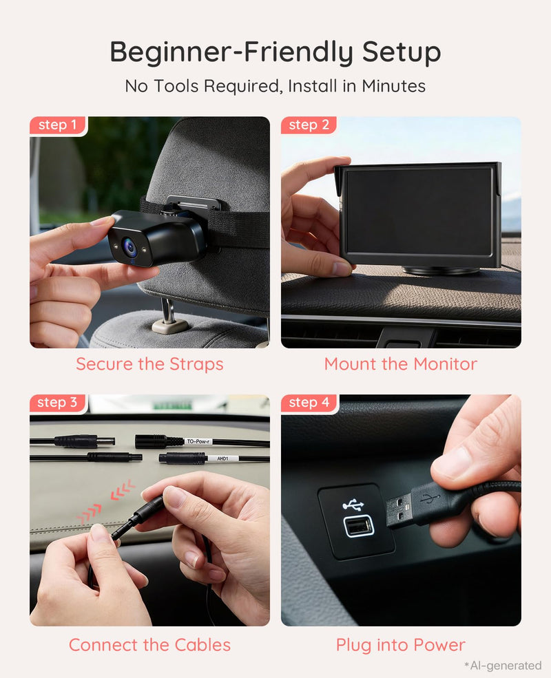 LUCKVIEW BM1 Baby Car Camera, 5" 1080P Baby Car Monitor | Auto IR Night Vision, 3X Zoom & 360° Rotation, Easy No-Tool Installation, Real-Time Rear Seat View for Safe Driving USB Power Cable