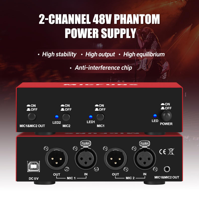 MC New 2 Channel 48V Phantom Power Supply with 3.5mm Audio Cable to Connect Audio Interface for Condenser Microphone Music Recording Equipment (MC2-new red) MC2-new red