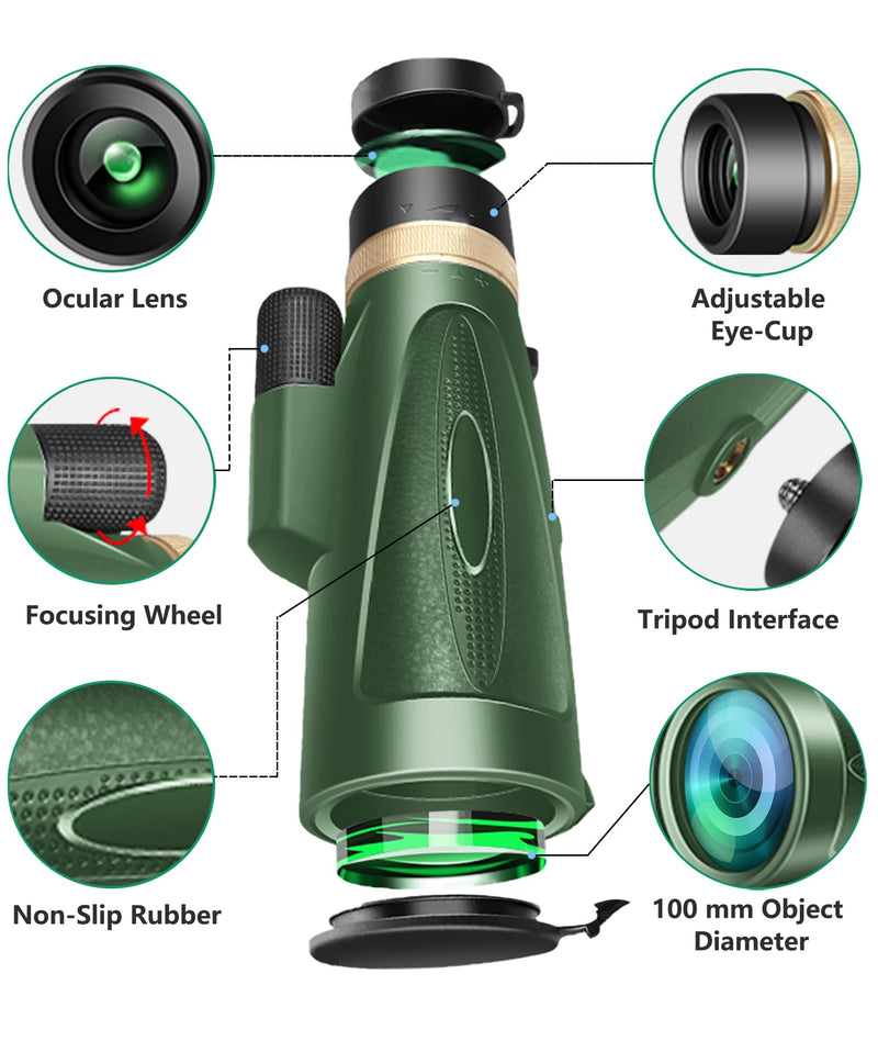 Monocular-Telescope 80x100 HD for Adults Larger Vision Monoculars High Powered Smartphone Monocular for Bird Watching Hunting Hiking Camping Wildlife Green