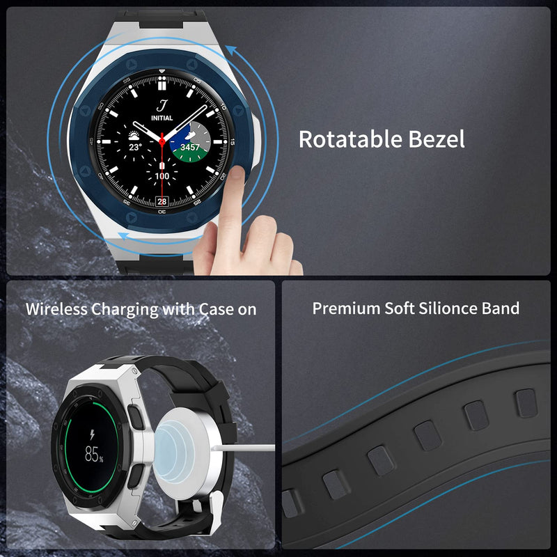 Luxury Case Designed for Samsung Galaxy Watch 4 Classic 46mm 2021, Rugged Military Protective Metal Bumper Case with Tactical Silicone Band for Men Silver Silicone