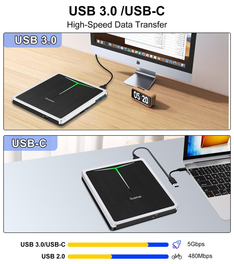 Guamar External DVD Drive for PC: USB-C CD Burner Player for Laptop Mac Windows 11 with SD/TF Slot/2 USB Ports/Carrying Case Read Write Music/Movie/Photo Portable Plug & Play Silver