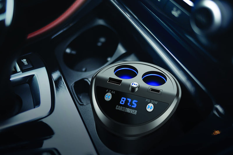 Car and Driver Smart FM Transmitter Bluetooth Cup Holder, Compatible with Alexa, Siri, and Google Assistant for Car, Dual USB-A and USB-C PD Fast-Charging Ports and Cigarette Lighter 12V Power Sockets 6057