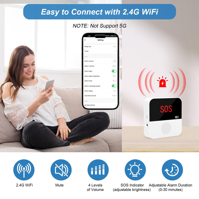 WiFi Rechargable Caregiver Pager Call Button Emergency Alert System Life Alert Button for Seniors Patient Disabled Elderly 1 Call Button 1 Watch Button 1 Receiver(only Supports 2.4GHz Wi-Fi)