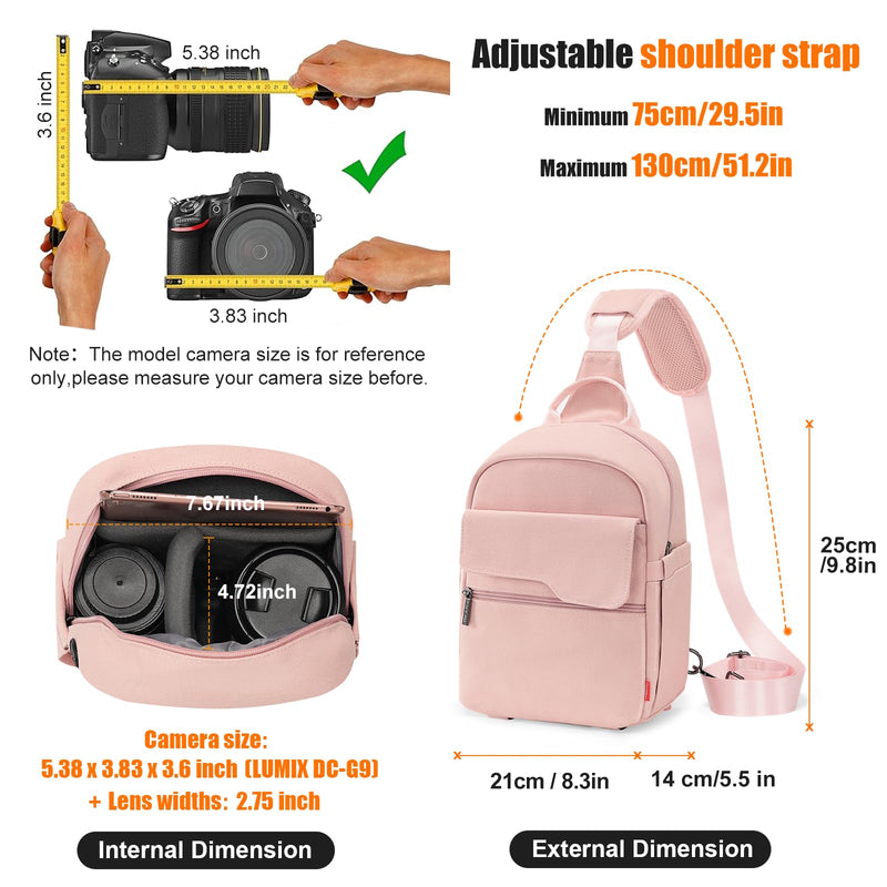 Cwatcun Large Canvas Sling Bag, Crossbody Chest Bag with Tripod Holder | Fits 1body +2lenses +9.7" iPad +6.7"phone.Waterresistant canvas with rain cover, tripod holder, adj strap 29.5-51.2". Pink