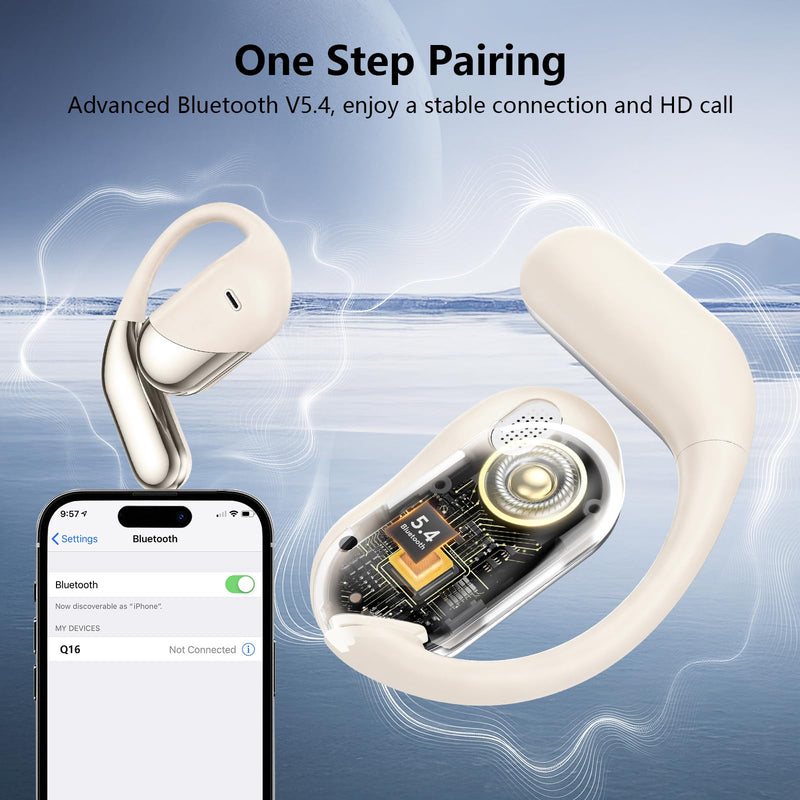 Open Ear Clip Wireless Earbuds Headphones, Bluetooth 5.4, Open Ear Design, Built-in Mic, IPX7 Waterproof, LED Display Charging Case,Ear Hooks Ear Buds Ultra for Fitness/Travel/Gym/Running/workout off-white