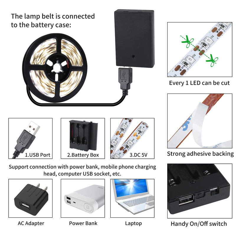 [AUSTRALIA] - 49.2ft USB LED Light Strip White with Battery Box (Batteries Not Included), Daylight LED White Strip Lights Cuttable LEDs for Bedroom, Mirror, Party, Camping, Birthday, Christmas, 8.2ft x 6 49.2ft White Light Strips 