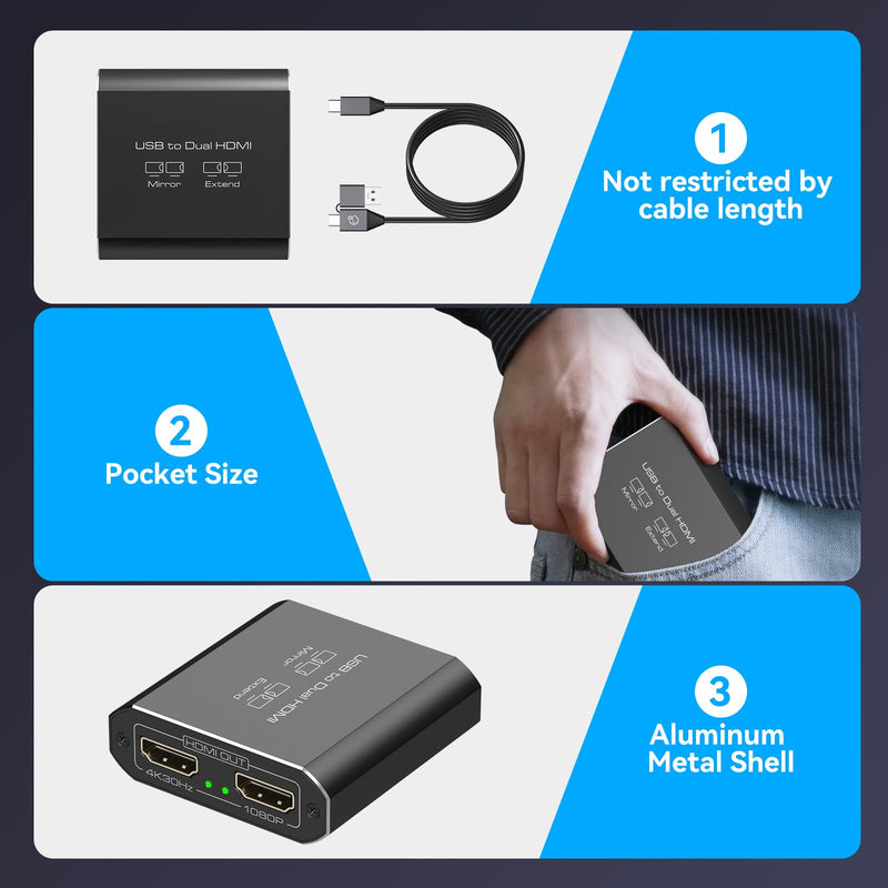 HDMI Splitter Extended Display for Dual Monitor USB A & C to 2 hdmi Adapter 1 in 2 Out for Laptop Mac Triple Set Support MST & SST Modes; 4K@30Hz Out 1, 1080p Out 2 Void Black USB TO 2 HDMI